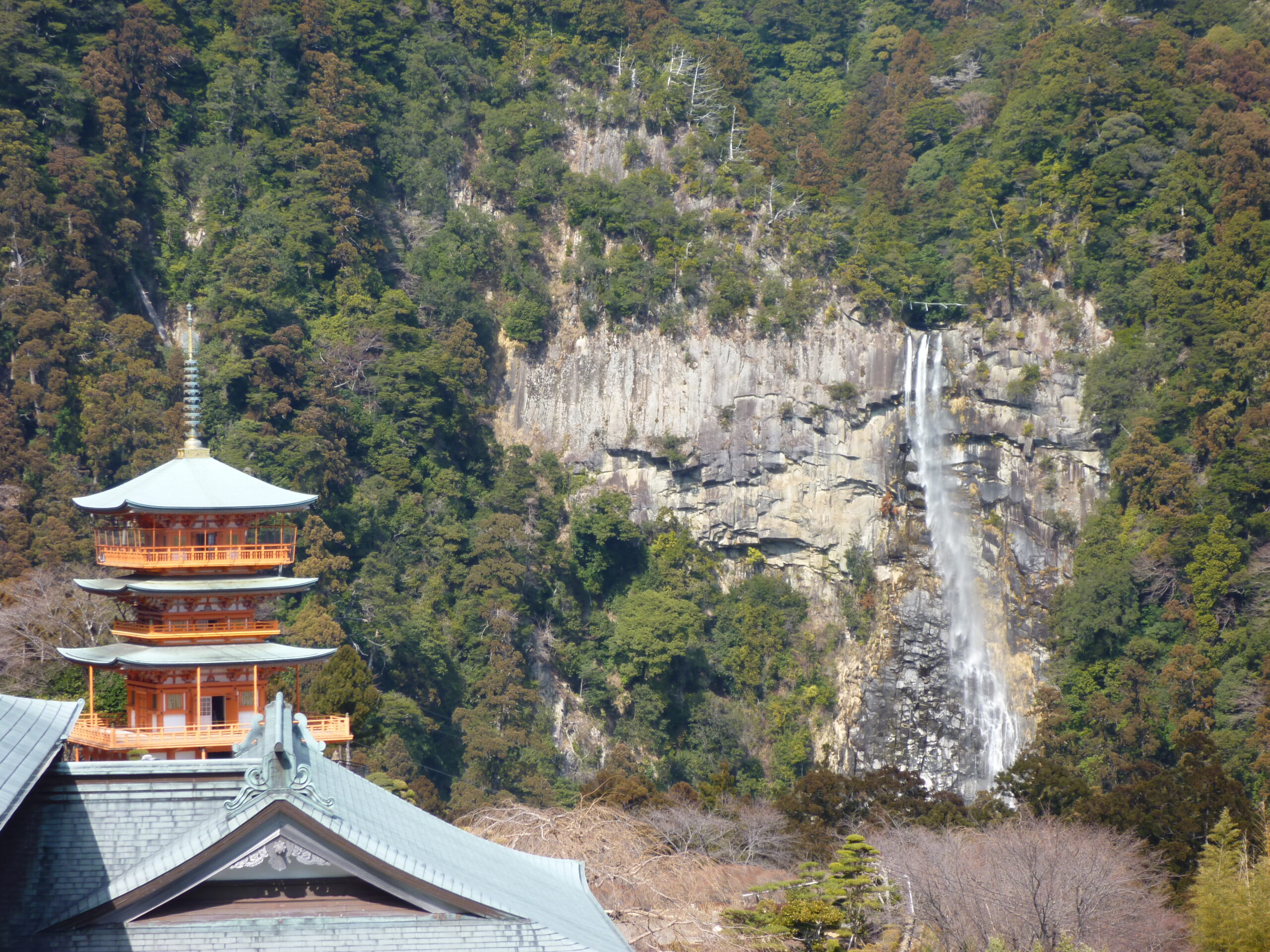 『青岸渡寺』境内の三重塔と那智の滝